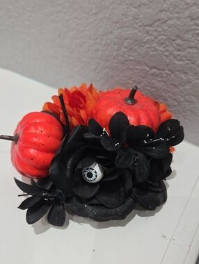 Black & Orange Halloween Floral Hair Clip with Decorative Eyeball